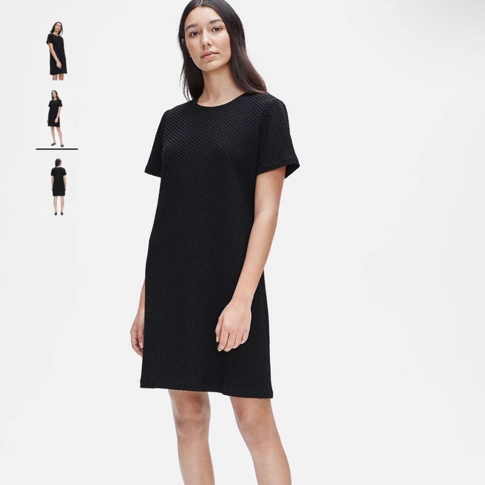 Eileen fisher black short sleeve tencel textured honeycomb dress